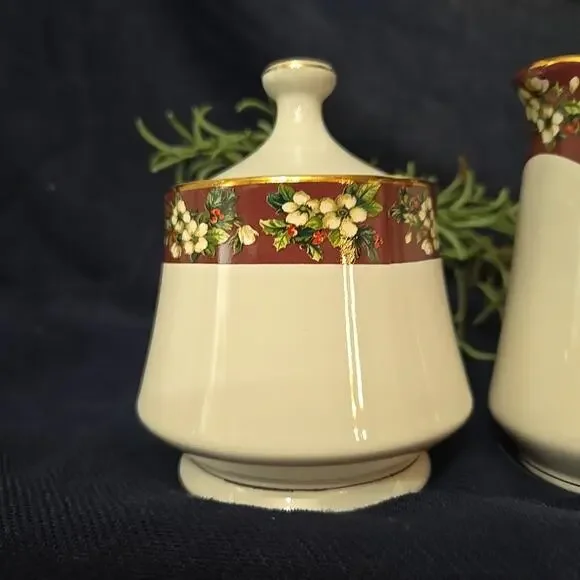 Splendor by Sakura Sugar Bowl and Creamer Pitcher Fine Stoneware Floral Burgundy - Picture 4 of 8